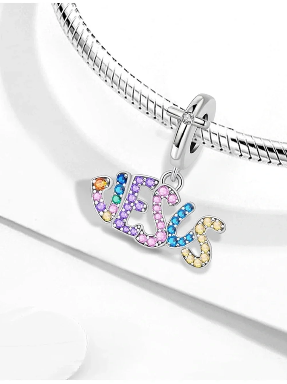 925 Jesus Rainbow CZ Dangle Charm Multicolor Christian Faith Jewelry